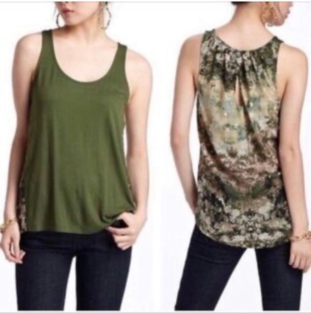 Anthropologie Deletta Olive Green Mixed Media High Low Tank Top Size Medium